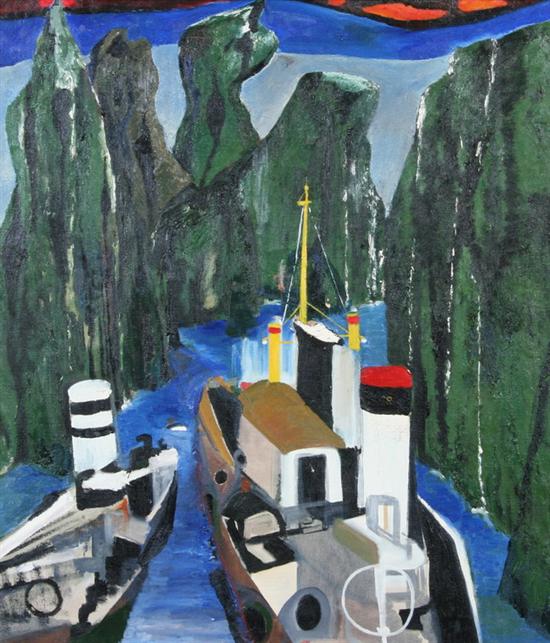 Appraisal: MAY JANKO American b TUGBOATS signed on stretcher Oil on