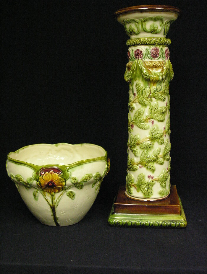 Appraisal: SIGNED S FREY MAJOLICA JARDINIERE AND PEDESTAL German Jardiniere Size