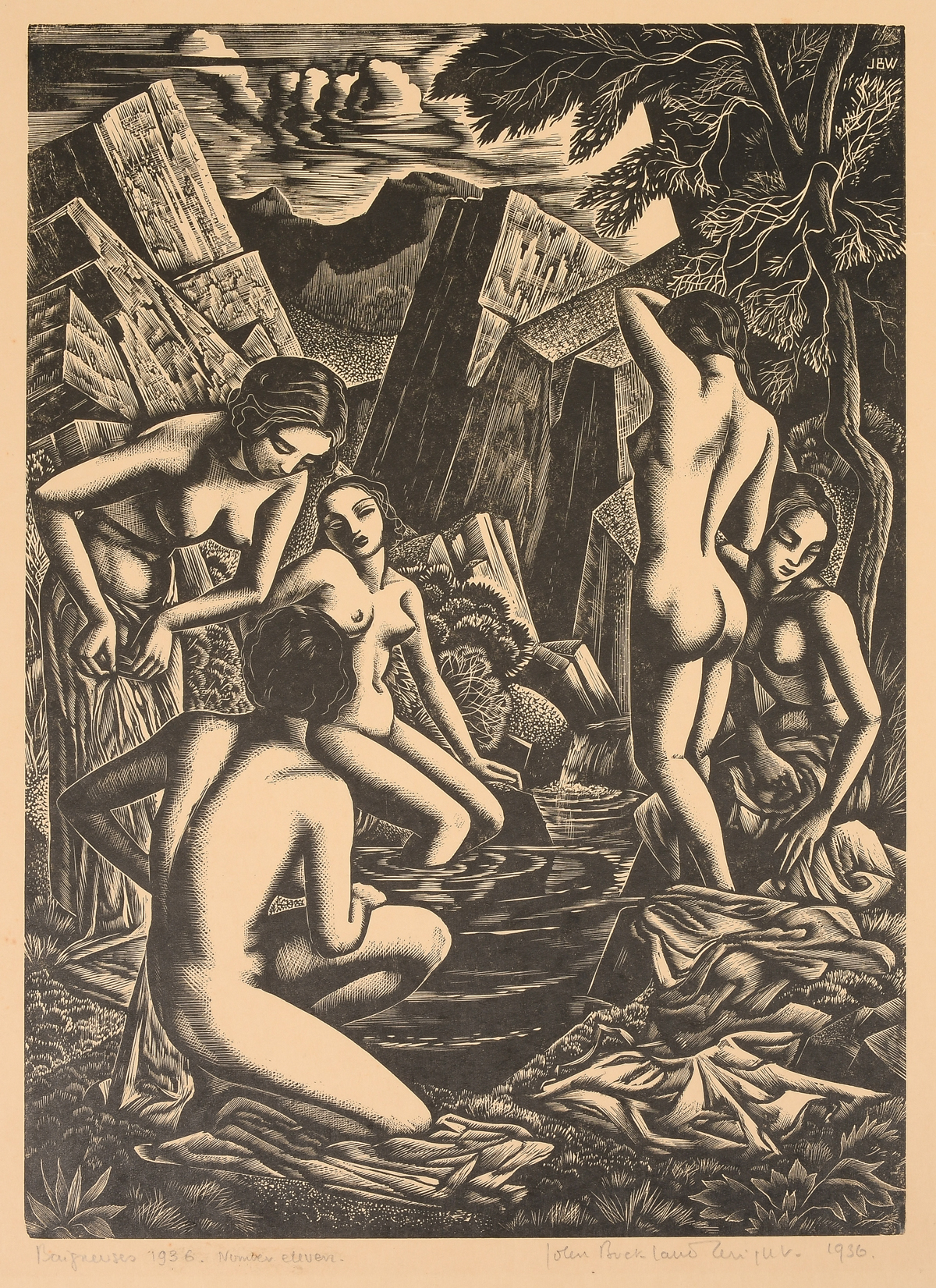 Appraisal: WRIGHT John Buckland American French - ''Baigneuses '' Woodcut ''