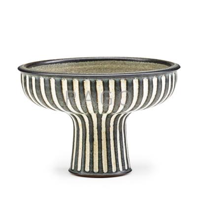 Appraisal: HARRISON McINTOSH b Glazed stoneware coupe with carved stripes Claremont