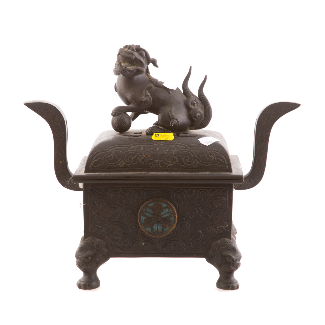 Appraisal: Chinese bronze censer two-handled lid with foo lion knop in