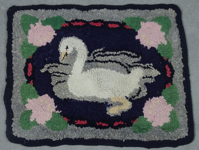 Appraisal: Hooked Rug With Swan On PondOn black ground surrounded by