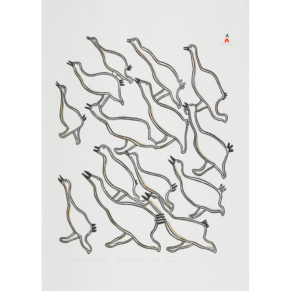 Appraisal: PITSEOLAK ASHOONA - E - Cape Dorset FRIGHTENED GOSLINGS stonecut