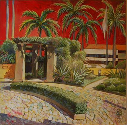 Appraisal: JOHN LAWRY ENTRANCE TO JAKARTA HOTEL ACRYLIC OIL ON CANVAS