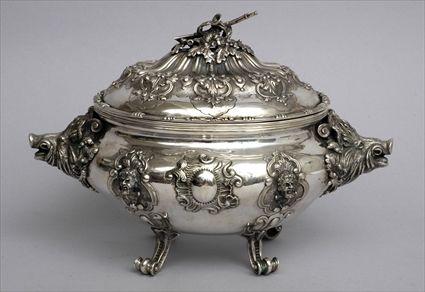 Appraisal: LOUIS XV-STYLE SILVER-PLATED BOAR'S HEAD TUREEN AND COVER The oval