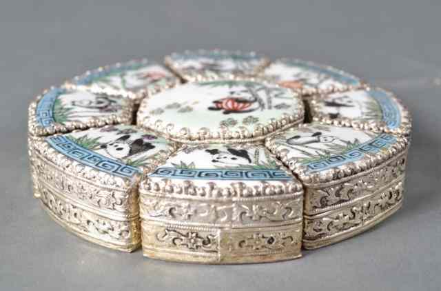 Appraisal: Chinese Porcelain and Silver BoxesAll finely painted to depict pandas