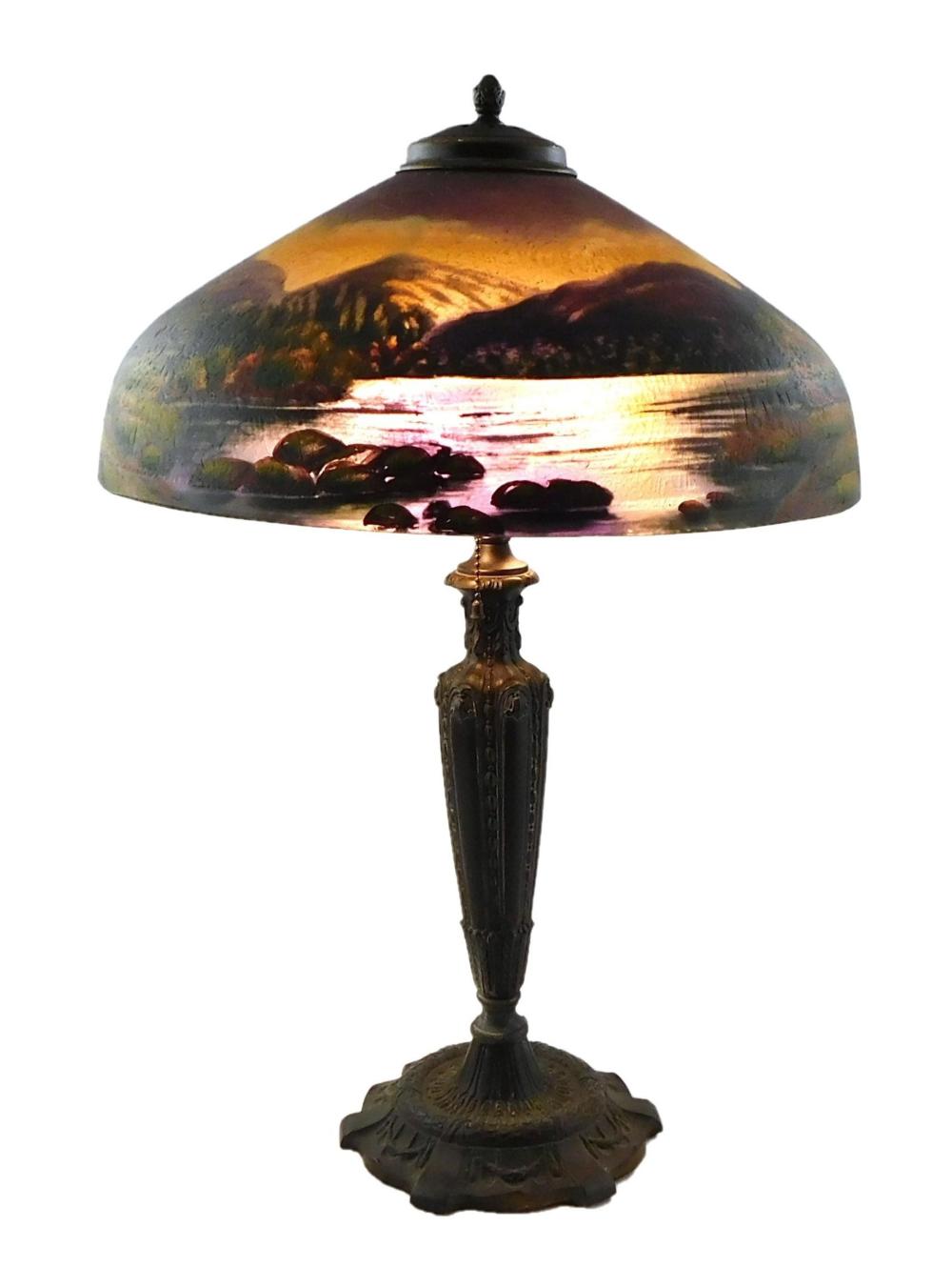 Appraisal: Table Lamp Reverse painted glass shade depicts mountains surrounding a