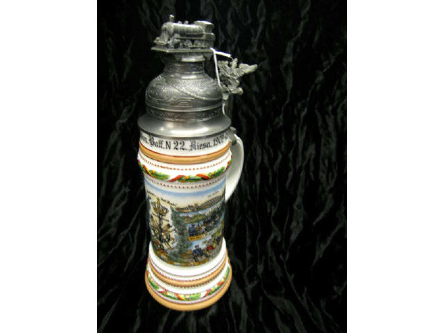 Appraisal: German Porcelain Regimental Lithopane Stein figural trim pewter lid lithopane