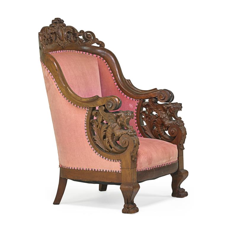 Appraisal: RENAISSANCE REVIVAL ARMCHAIR Walnut with velvet upholstery early th c