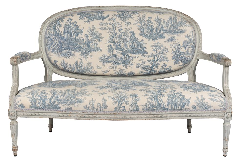 Appraisal: LOUIS XVI STYLE CARVED GREY-PAINTED SETTEEwith blue and white toile-de-jouy