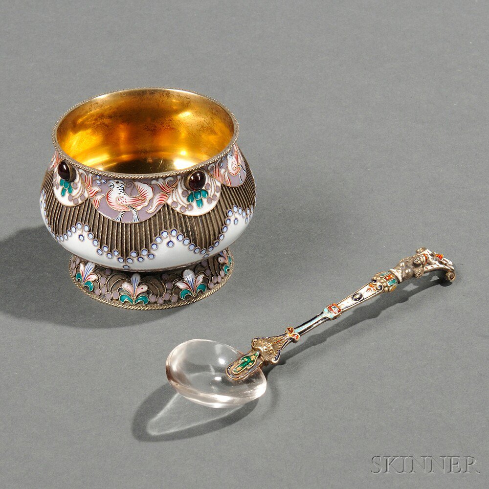 Appraisal: Two Small Enameled Silver Objects a salt with shaded cloisonne