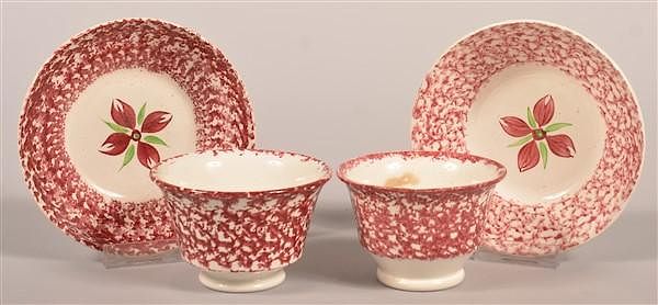 Appraisal: Red Sponge China Cups and saucers Two Red Sponge Cluster