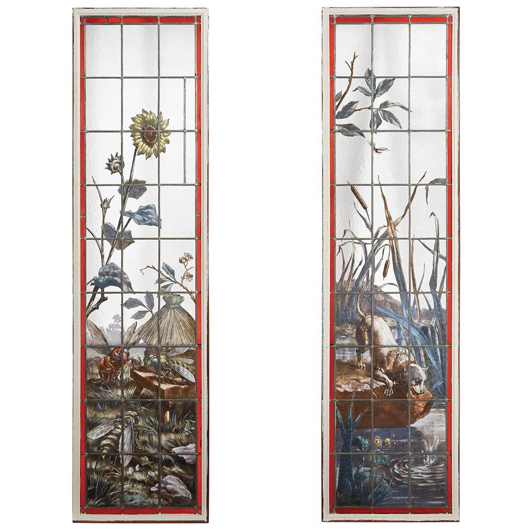 Appraisal: Pair of French Art Nouveau Enameled Glass Window Panels First