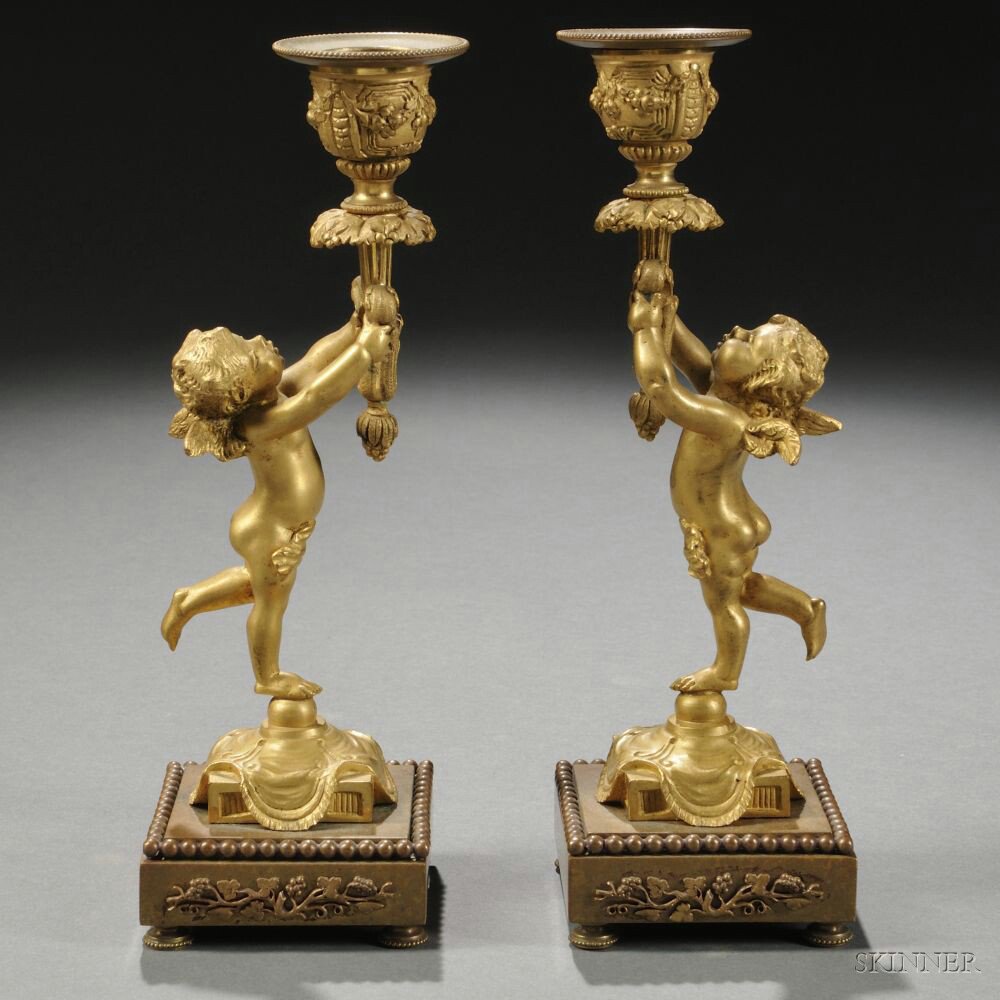 Appraisal: Pair of Figural Gilt-bronze Candlesticks Continental probably France mid- th