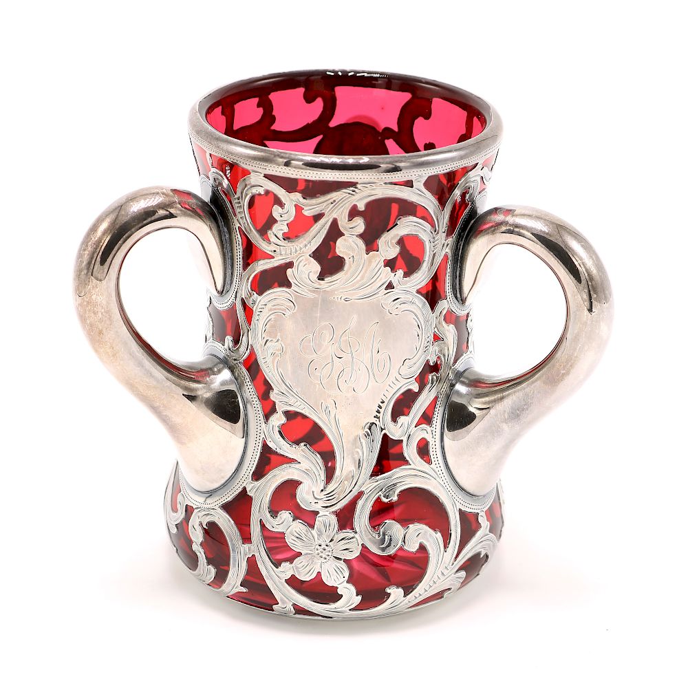 Appraisal: Red Silver Overlay Loving Cup Red glass cup with silver