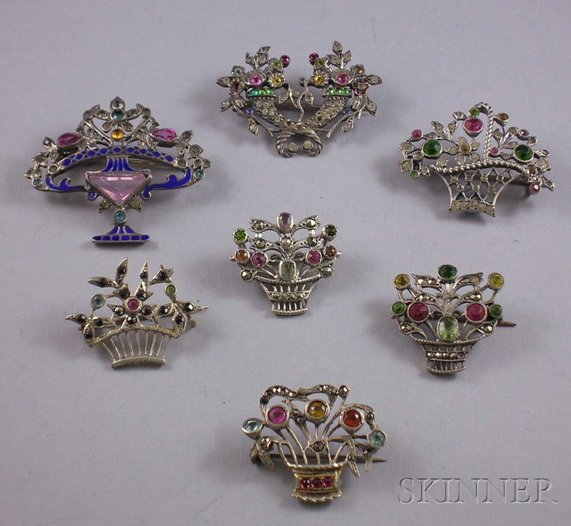 Appraisal: Seven Silver Gem-set Basket Brooches