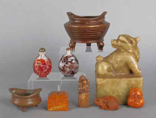 Appraisal: Collection of Chinese tablewares to include bronze censors seals and