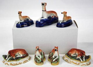 Appraisal: lot of Diminutive Staffordshire figural groups depicting Whippets comprising a