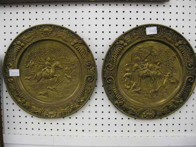 Appraisal: Pair of Brass Wall Chargers fox hunt scenes '' diameter