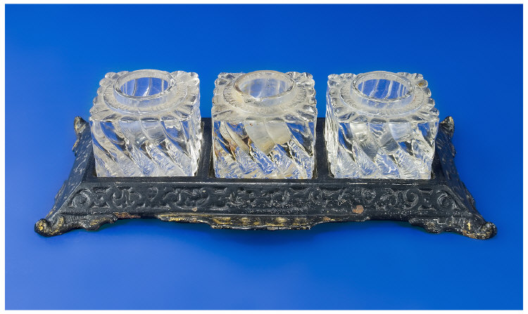 Appraisal: Set of Three moulded glass inkwells Marked Paul s Inks