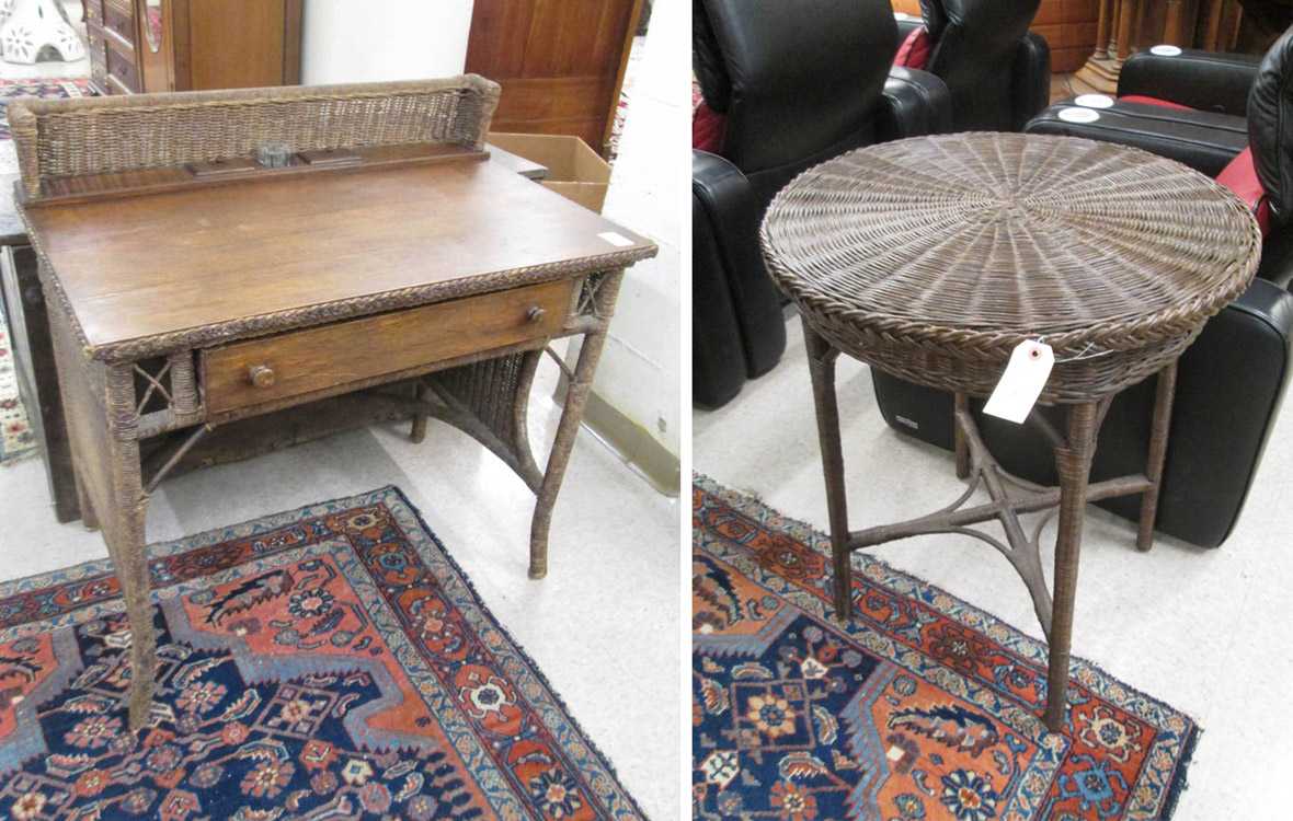 Appraisal: WICKER WRITING DESK AND LAMP TABLE American early th century