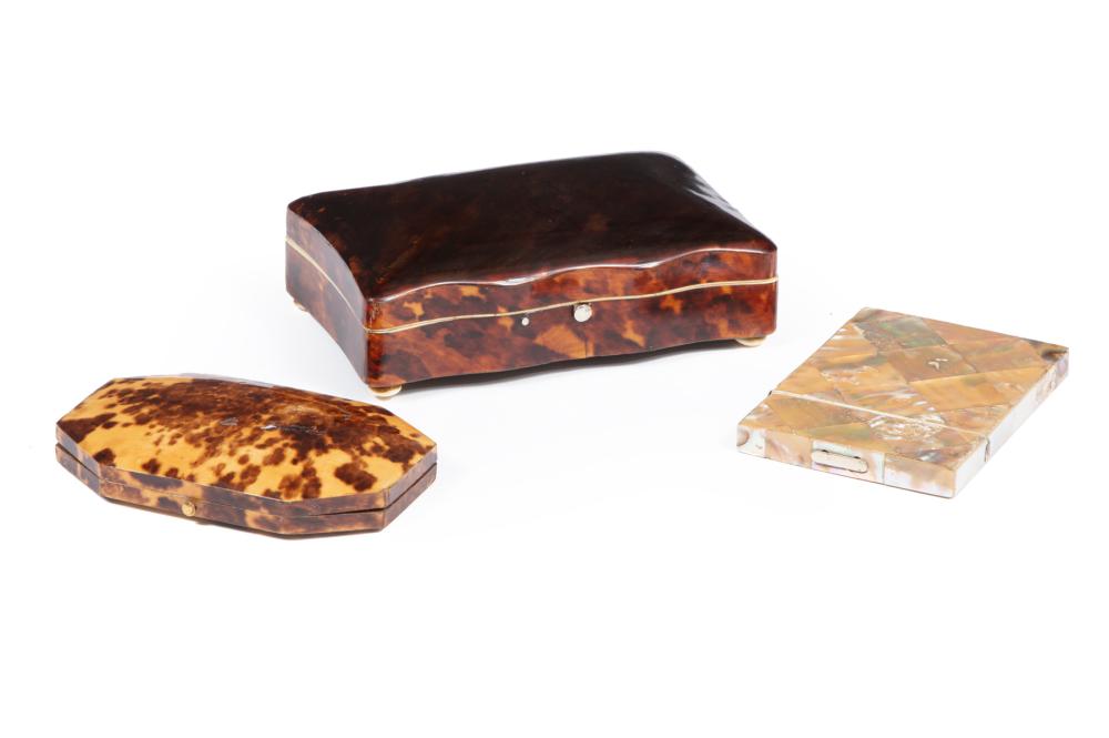 Appraisal: TORTOISESEHELL BOXES MOTHER-OF-PEARL CARD CASETwo Tortoisesehell Boxes and a Mother-of-Pearl