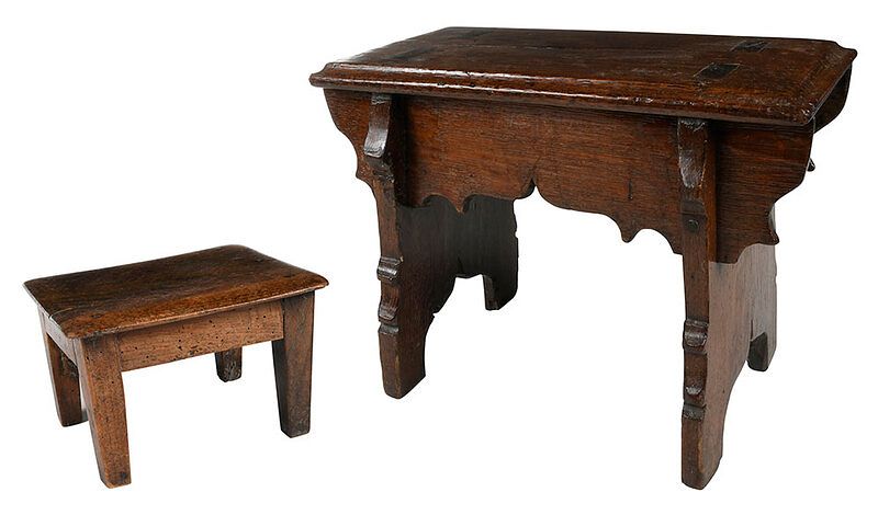 Appraisal: Two Small Wooden Footstools Continental mortised oak stool with scalloped