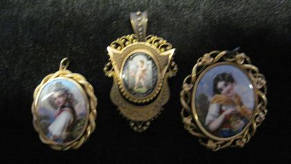 Appraisal: Three gold limoges enamel portrait pins th century