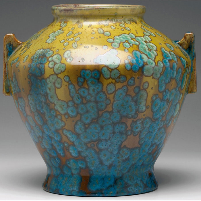 Appraisal: Large and exceptional Pierrefonds vase double handled shape under a