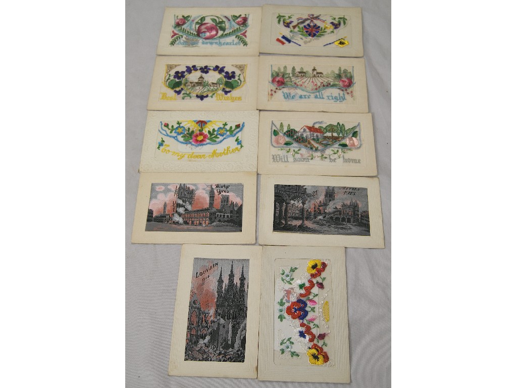 Appraisal: Seven WW embroidered postcards and three woven examples depicting war-damaged