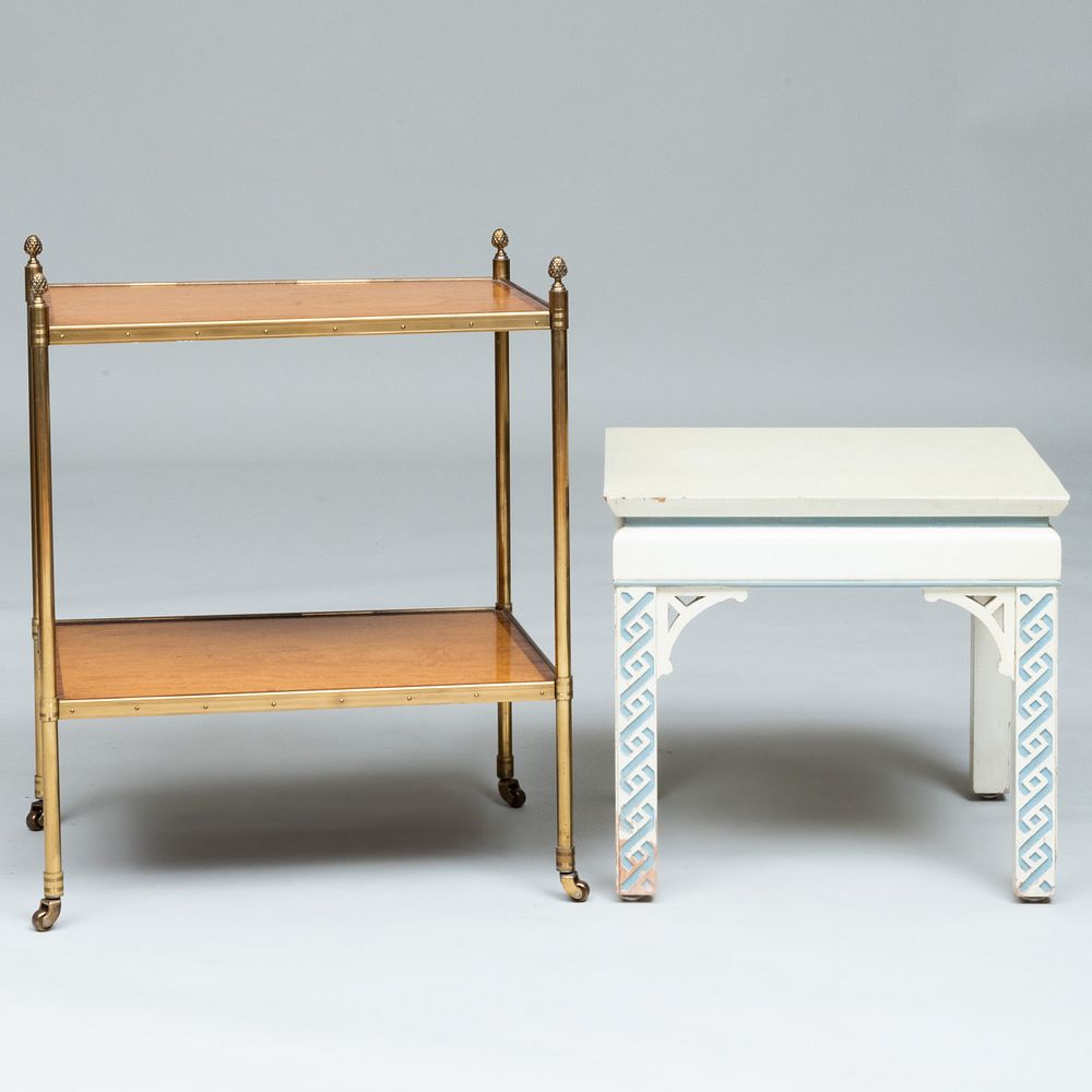 Appraisal: Modern Brass-Mounted Satinwood Cross Banded Two-Tier Table Raised on casters