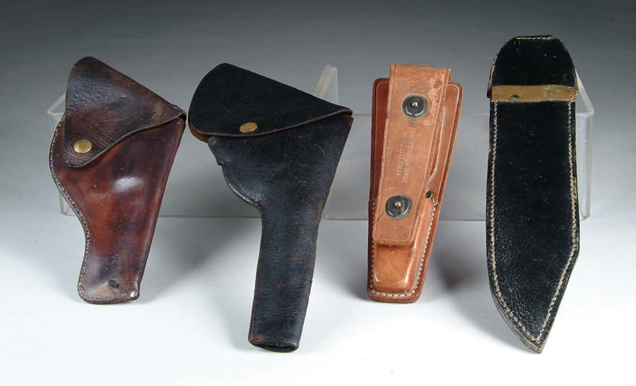 Appraisal: LOT OF FOUR LEATHER ITEMS Black leather flap holster with