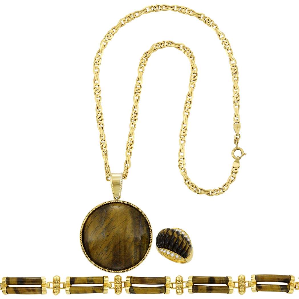 Appraisal: Group of Gold Tiger's Eye and Diamond Jewelry kt one