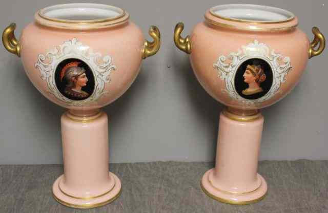 Appraisal: Rare Pair of th Century Opaline Glass Urns On pedestal