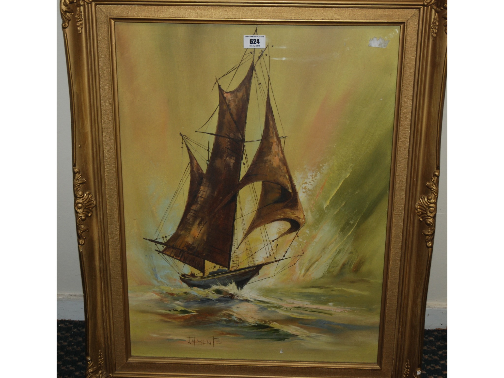 Appraisal: J CLEMENTS High On Rolling Seas signed oil on board