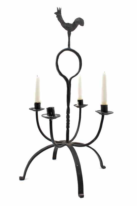 Appraisal: A Wrought Iron Four-Light Candelabrum with a stylized rooster finial