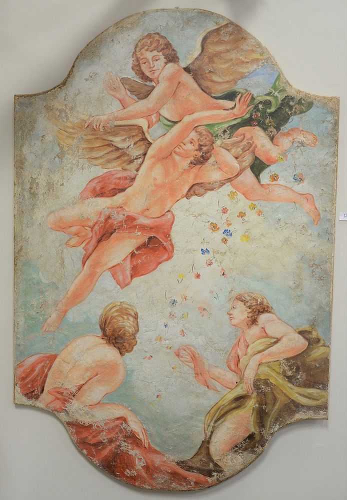 Appraisal: Two large French classical oil on canvas one having cherubs