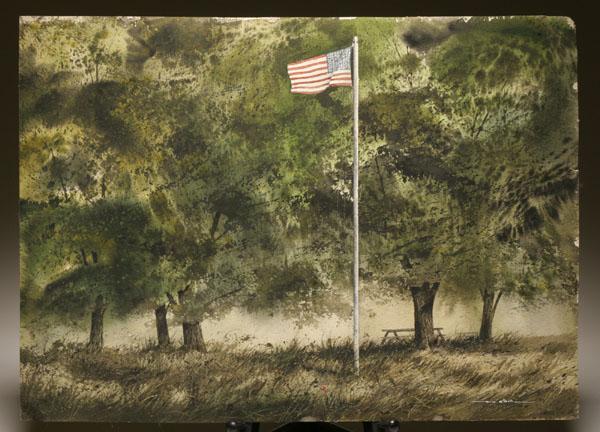 Appraisal: Rob O'Dell American b summer landscape with an American flag