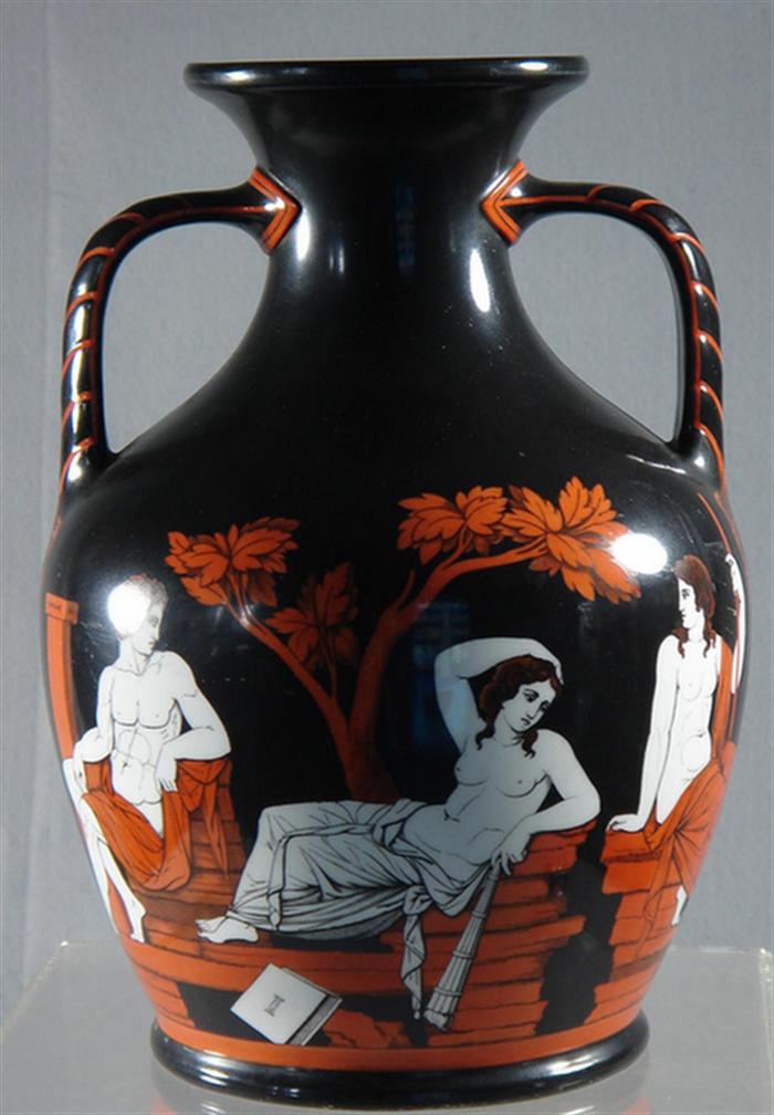 Appraisal: Earthenware Etruscan pattern vase black ground with orange classical decoration