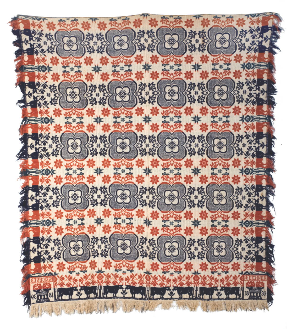 Appraisal: AMERICAN RED WHITE AND BLUE WOVEN COVERLET WITH UNUSUAL STEER