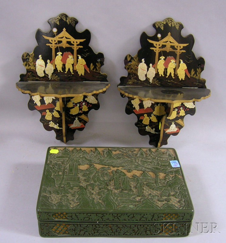 Appraisal: Asian Green-finished Carved Composition Box with Cover and a Pair