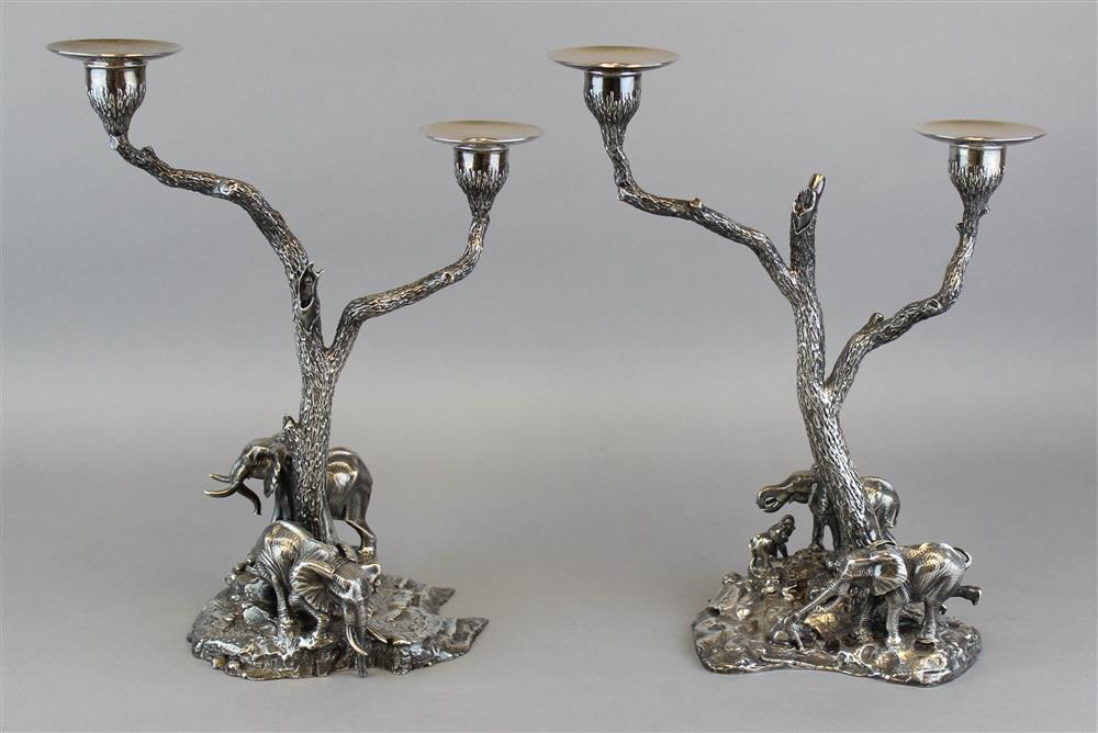 Appraisal: TWO PATRICK MAVROS SILVER ELEPHANT AND MOPANE TREE CANDELABRA Mavros