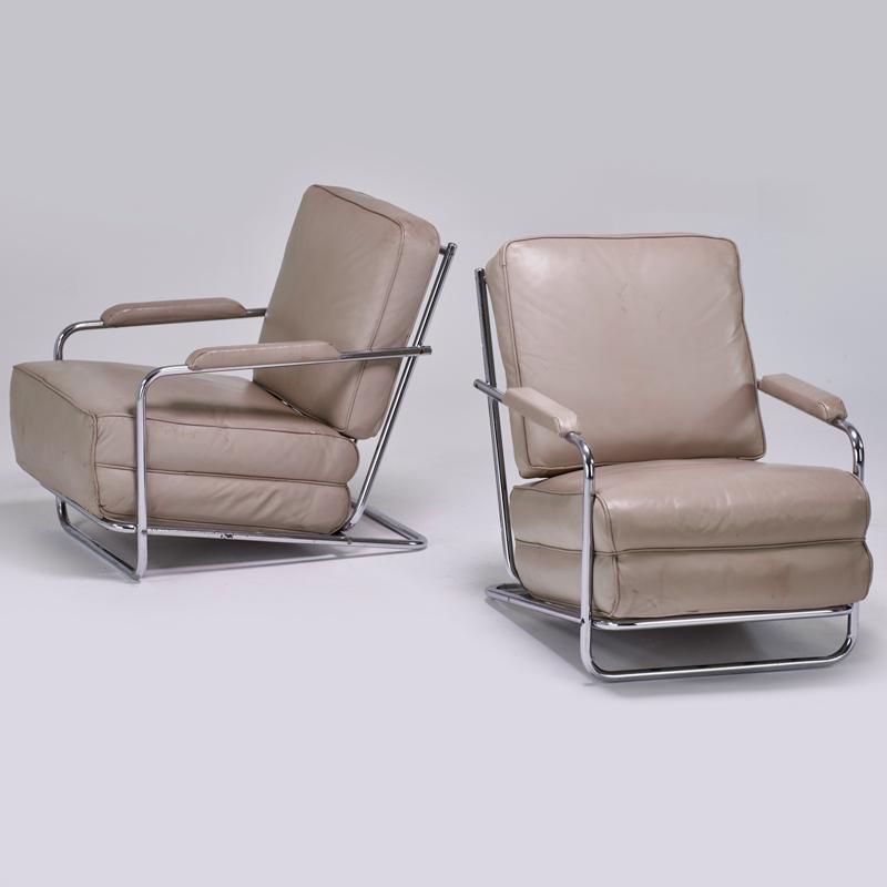 Appraisal: AMERICAN ART DECO Pair lounge chairs s Chromed steel leather