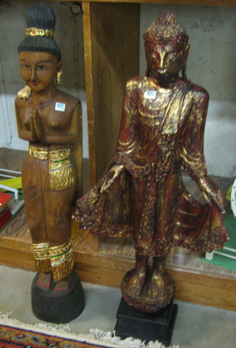 Appraisal: TWO THAI WOOD FIGURES standing red and gold Buddha standing