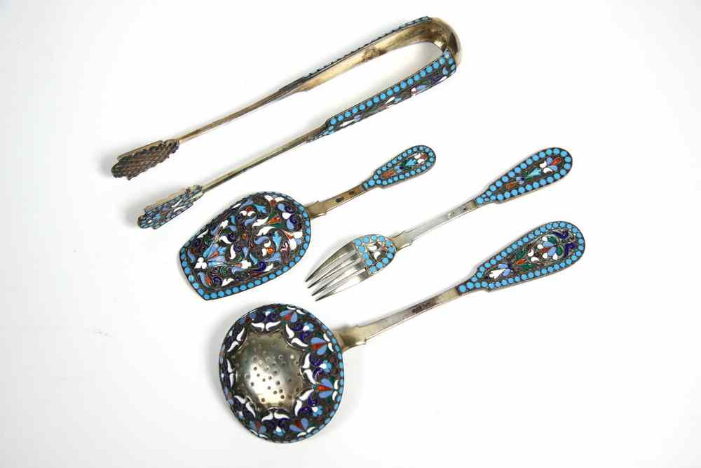 Appraisal: PC RUSSIAN ENAMELED SILVER TEA IMPLEMENTS - Includes Set of