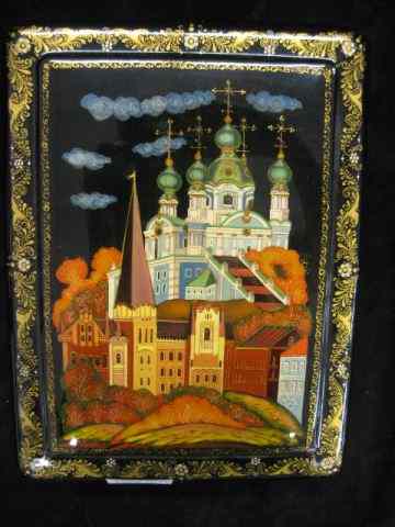 Appraisal: Russian Lacquerware Jewelry Box castle decor footed '' x ''