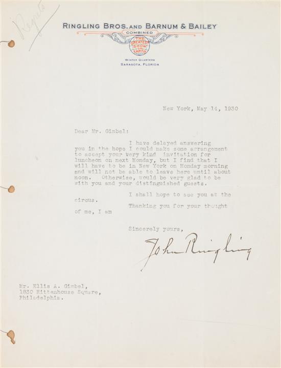 Appraisal: Sale Lot CIRCUS RINGLING BROTHERS Typed letter signed John Ringling