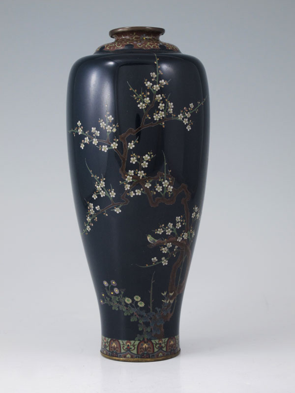 Appraisal: JAPANESE CLOISONNE VASE Deep teal ground with delicately blossoming prunus