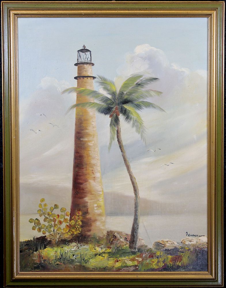 Appraisal: Vintage Painting of a Lighthouse and a Palm Tree Vintage