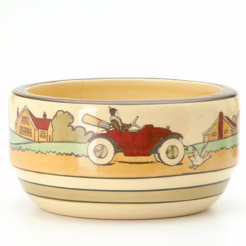 Appraisal: ROSEVILLE Rare Tourist bowl painted with houses a woman driving